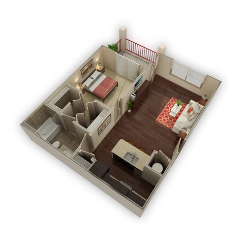 Floor plan for 1 bed, 1 bath, 748 sqft